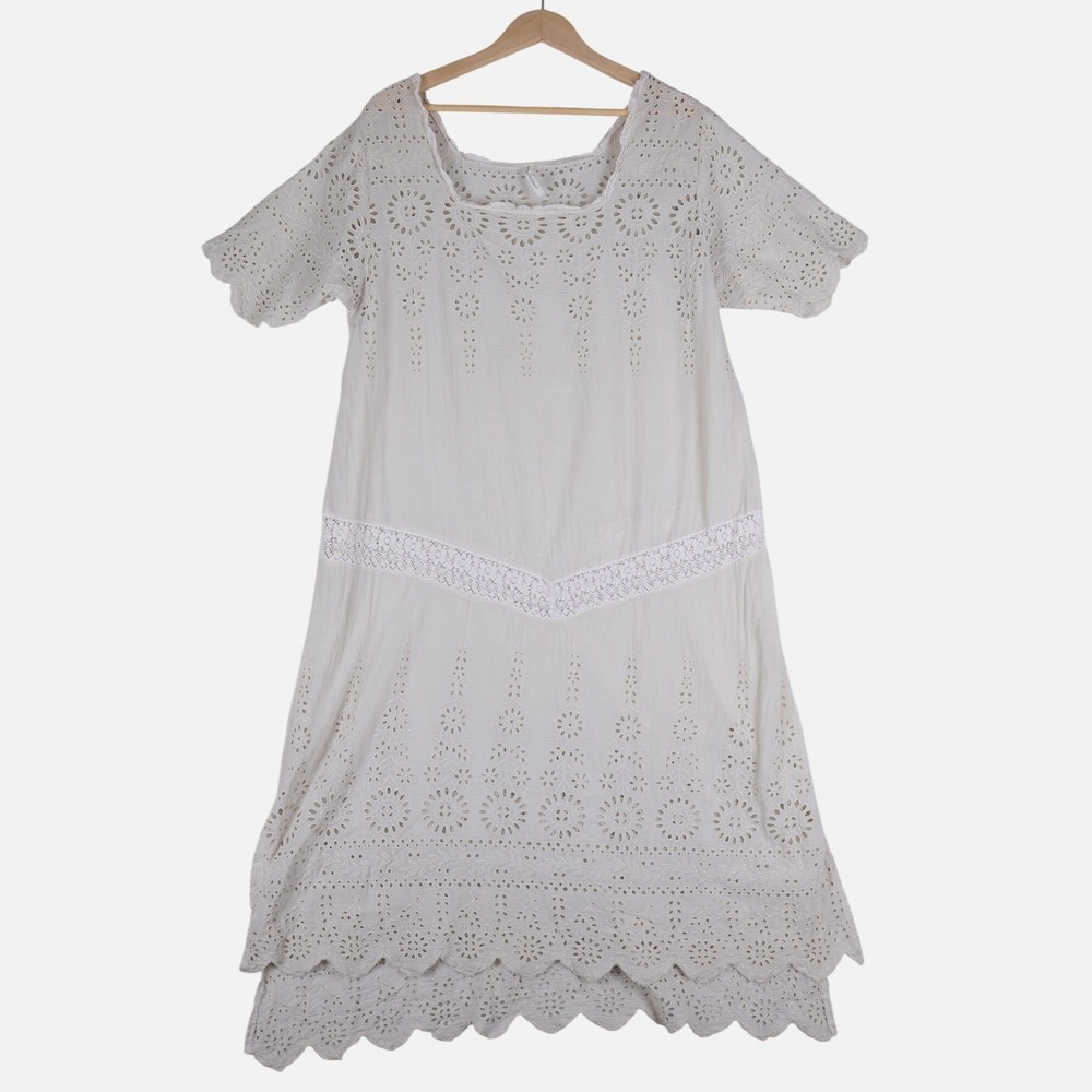 Magnolia Pearl Ivory Cotton Eyelet Lace Midi Dress Short Sleeve Boho One Size